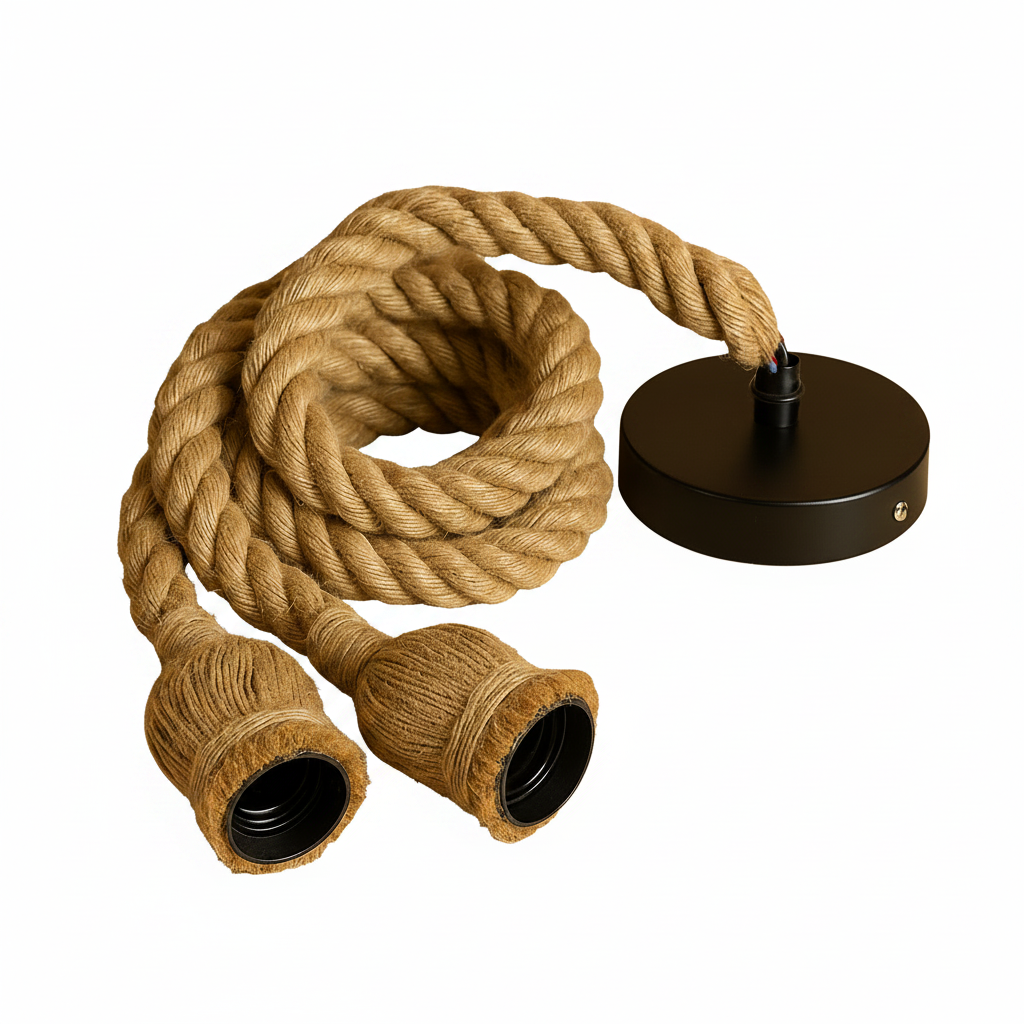 Side profile of rustic rope pendant lamp