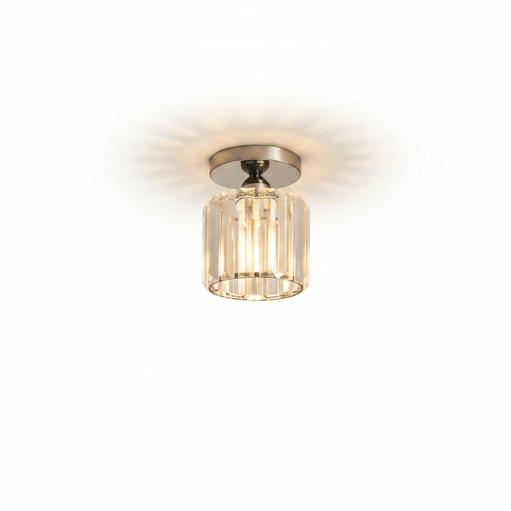 Modern crystal ceiling light with brass fixture and warm ambient glow, ideal for hallways, bedrooms, or living rooms.