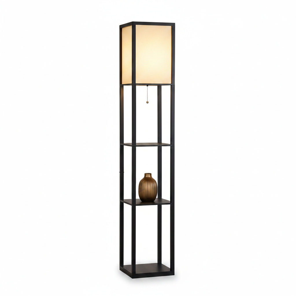 Back view of modern standing shelf lamp