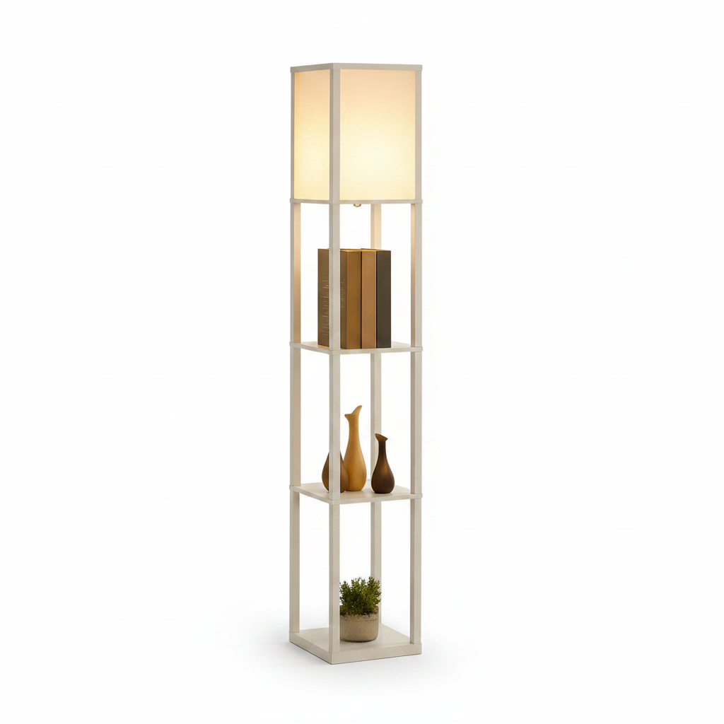 Floor lamp shelves displaying books and décor
