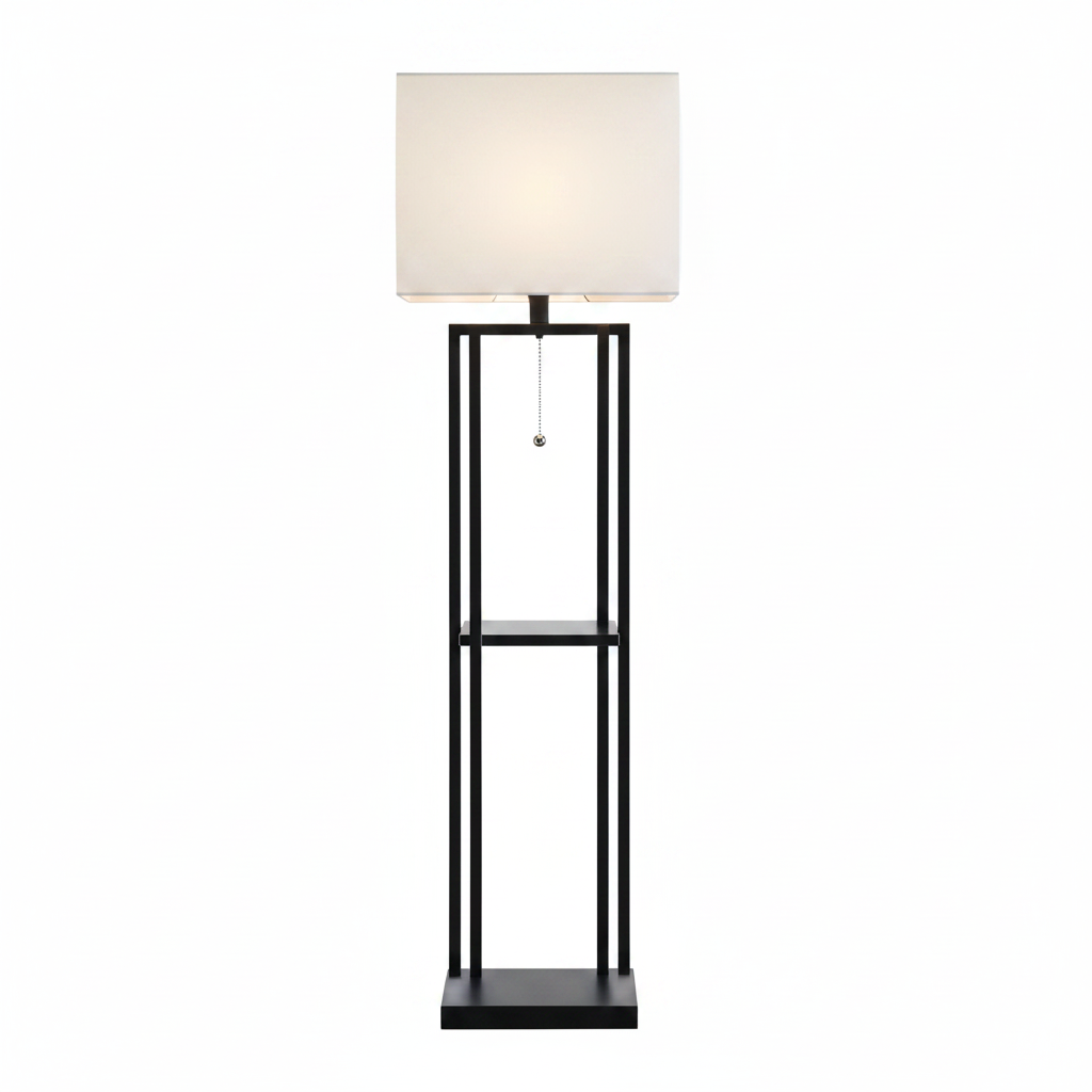 Front view of modern floor lamp with shelves