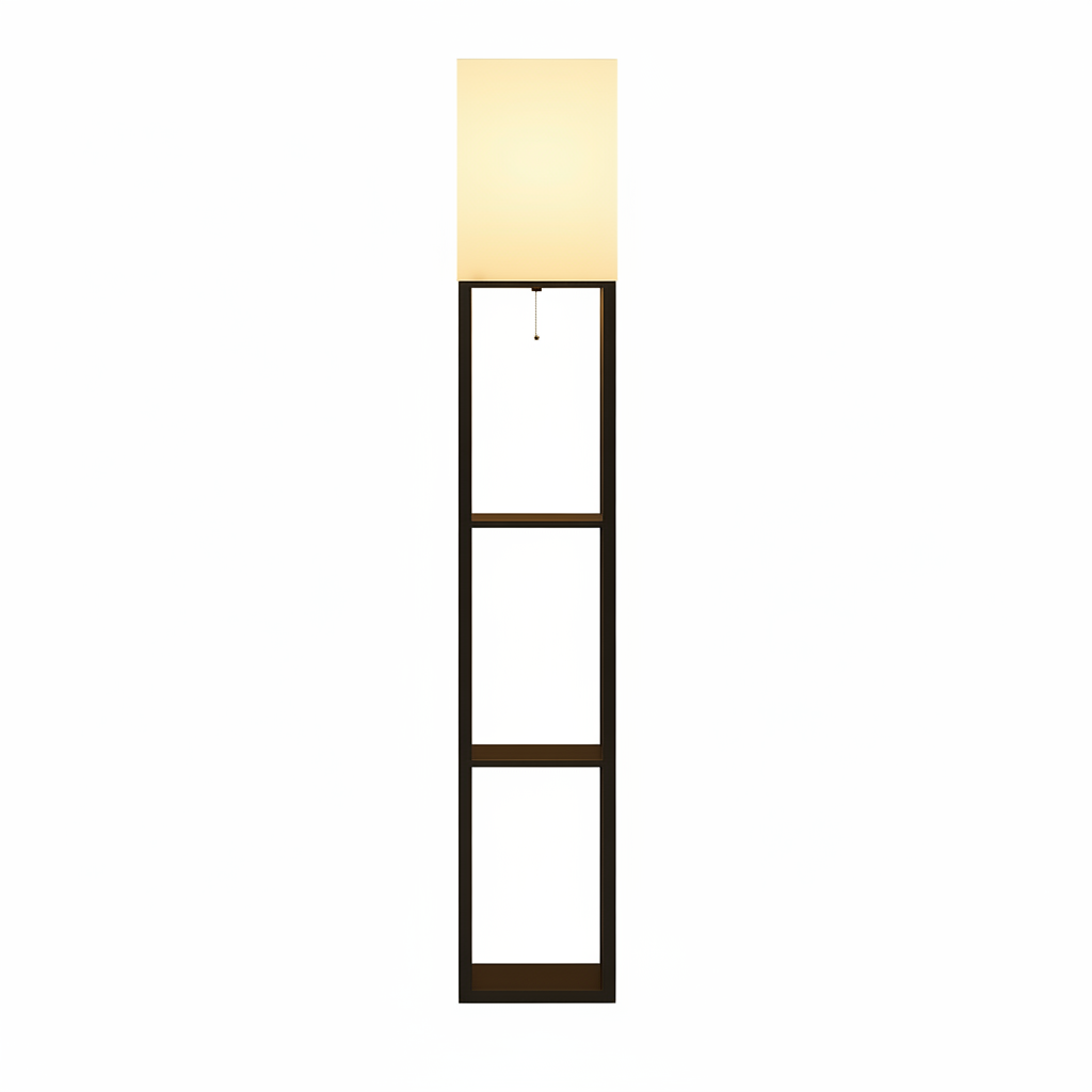 Modern floor lamp with shelves in living room