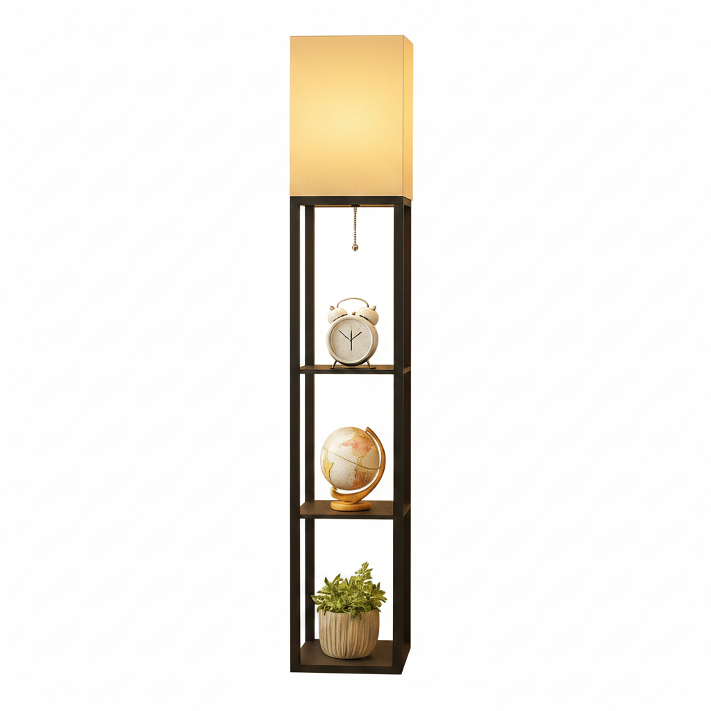 Side profile of floor lamp with storage shelves