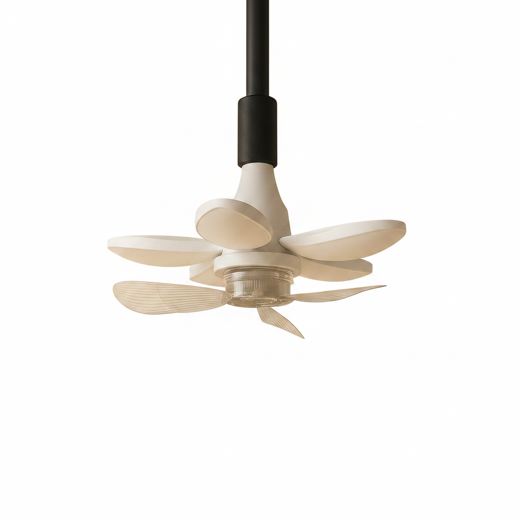 Contemporary ceiling fan above dining area