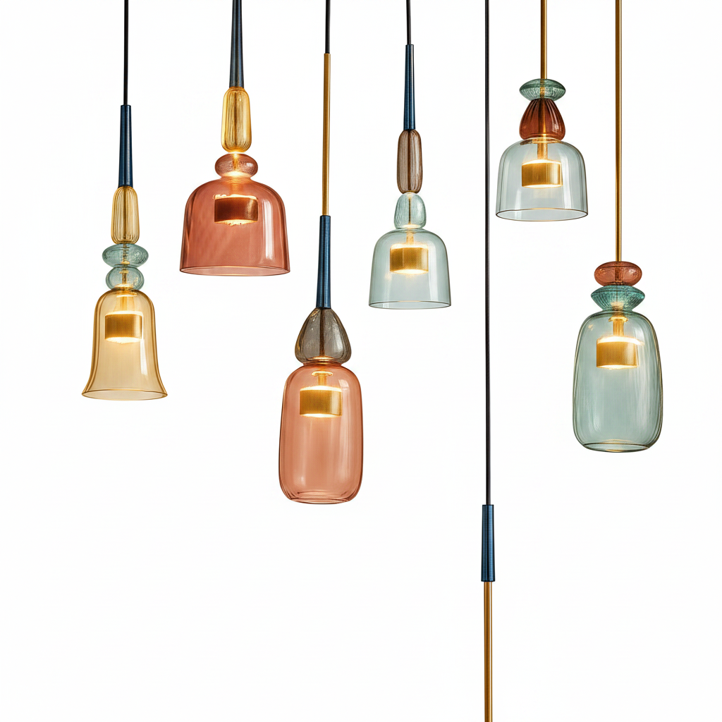 Contemporary room with glass hanging lamp