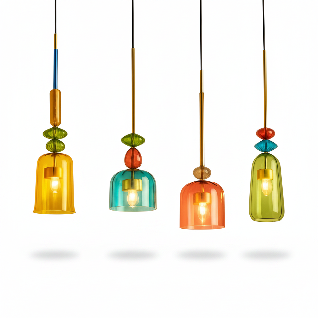 Modern macaron-style glass pendant light in Scandinavian design, ideal for living rooms, kitchens, or bedrooms.